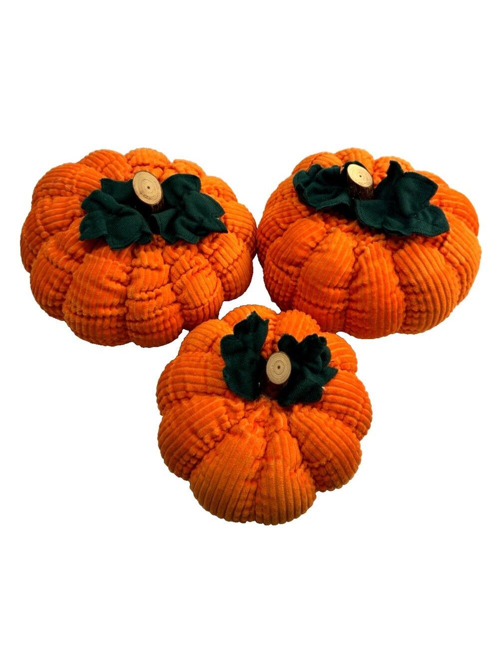 3 Orange Corduroy Pumpkin Plush Wood Stems Felt Leaves Fall Harvest Decor Jo-Ann